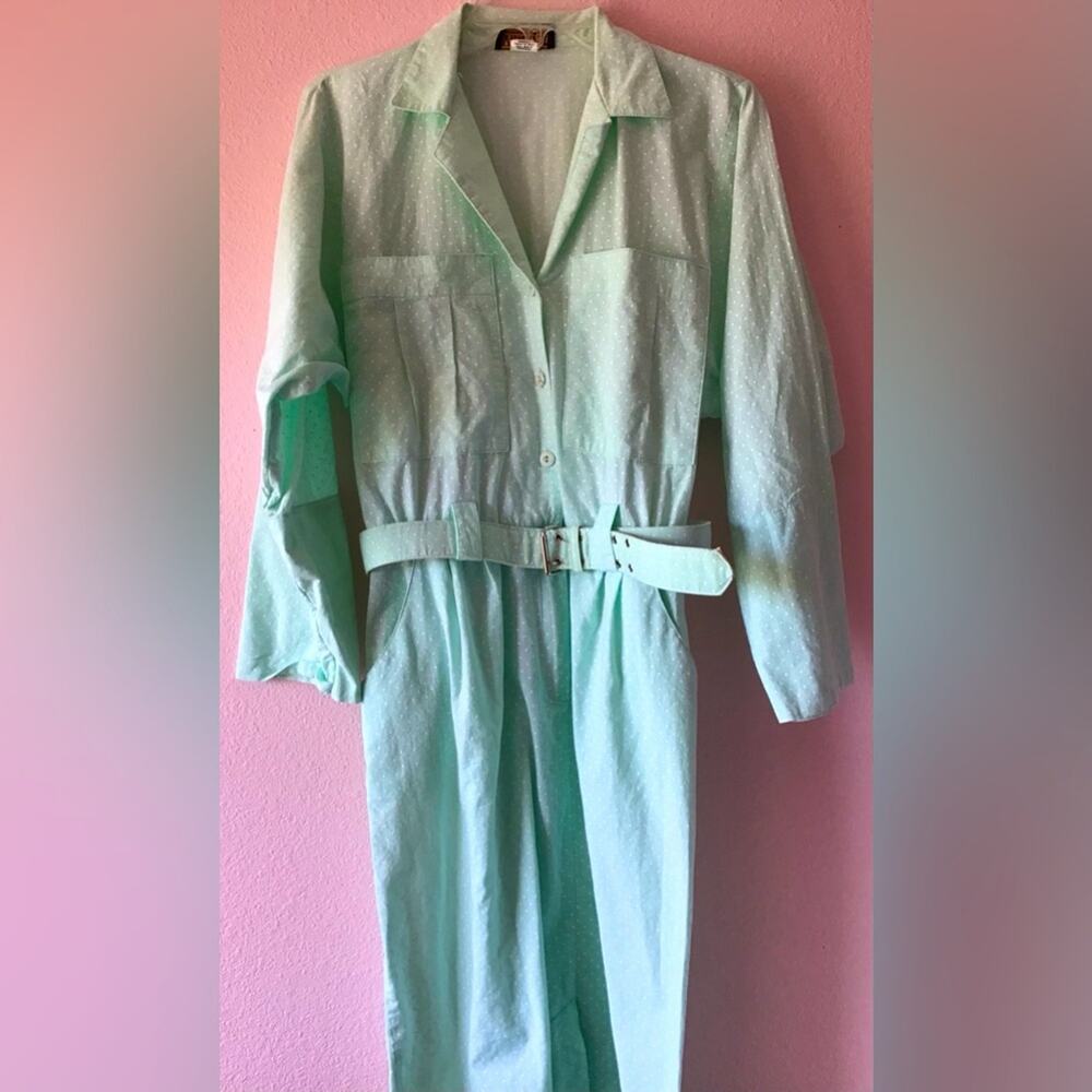 Vintage 80’s Virgo II mint green white polka dot dress size 12
